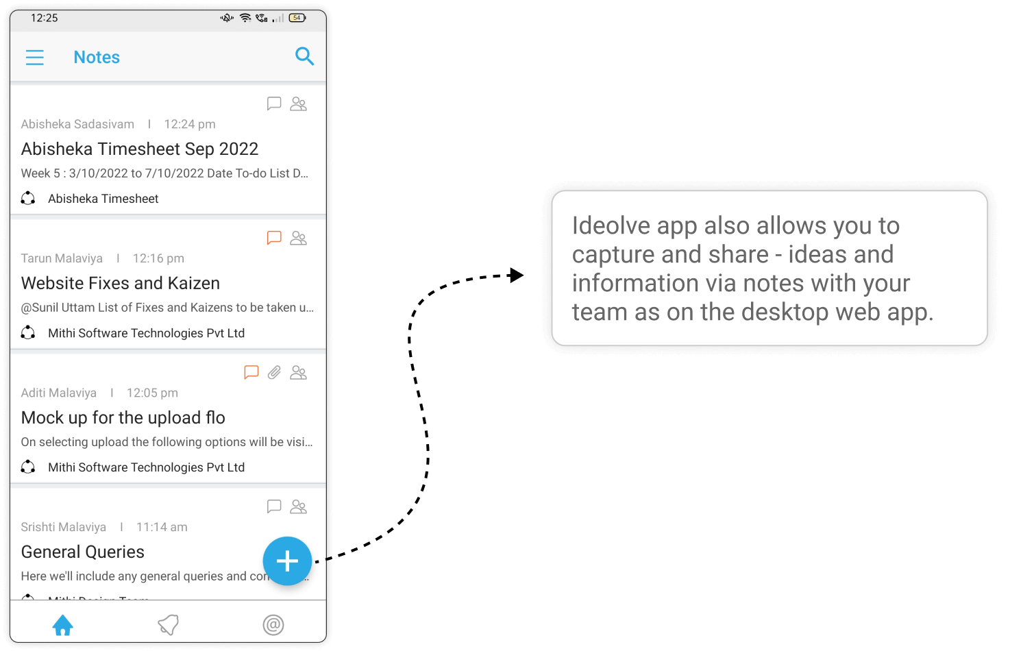 Ideolve app also allows you to capture and share - ideas and information via notes with your team as on the desktop web app.